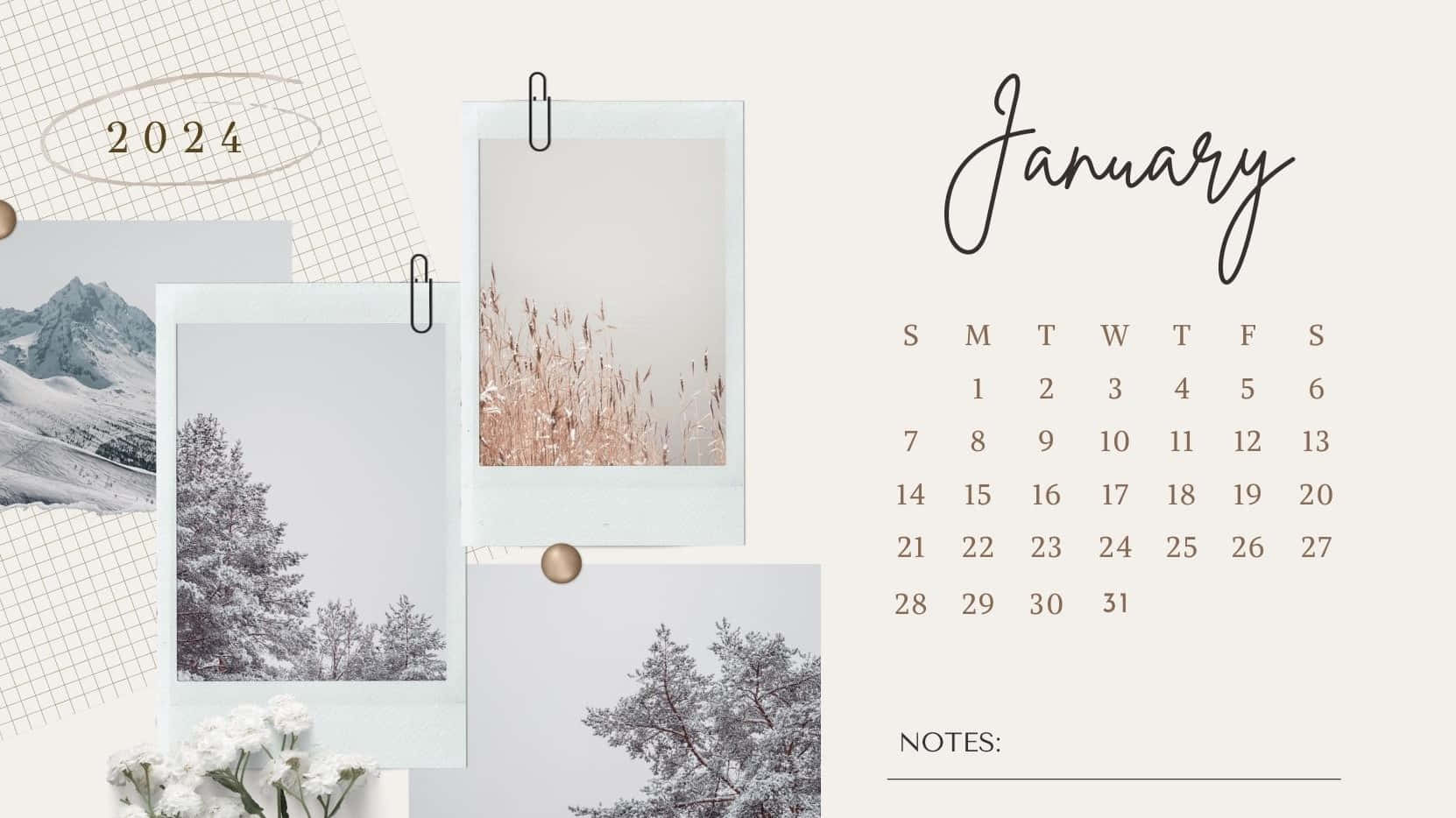 2024 January Winter Aesthetic Calendar Wallpaper