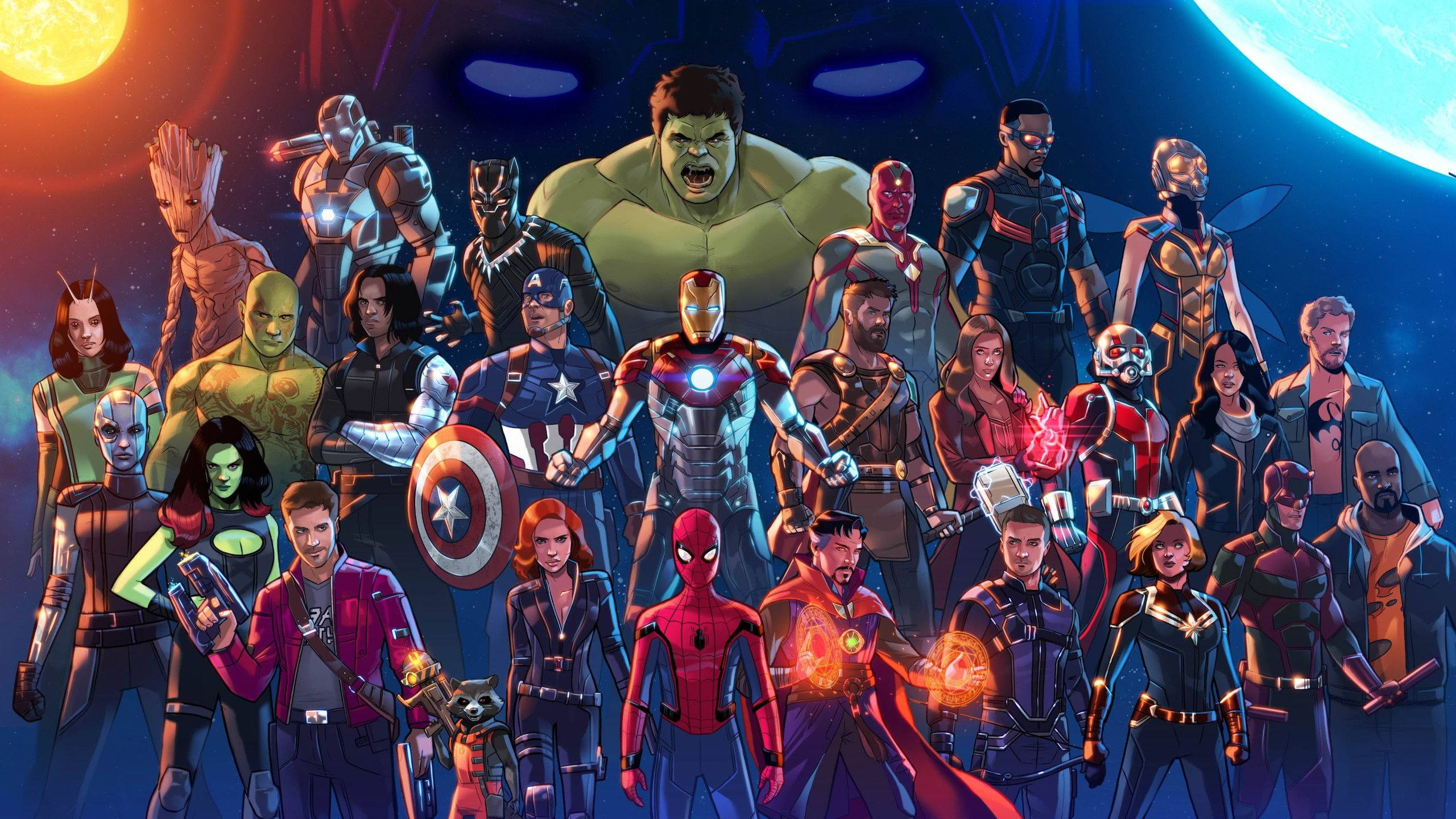 2560x1440 Marvel Mcu Heroes Drawing Wallpaper