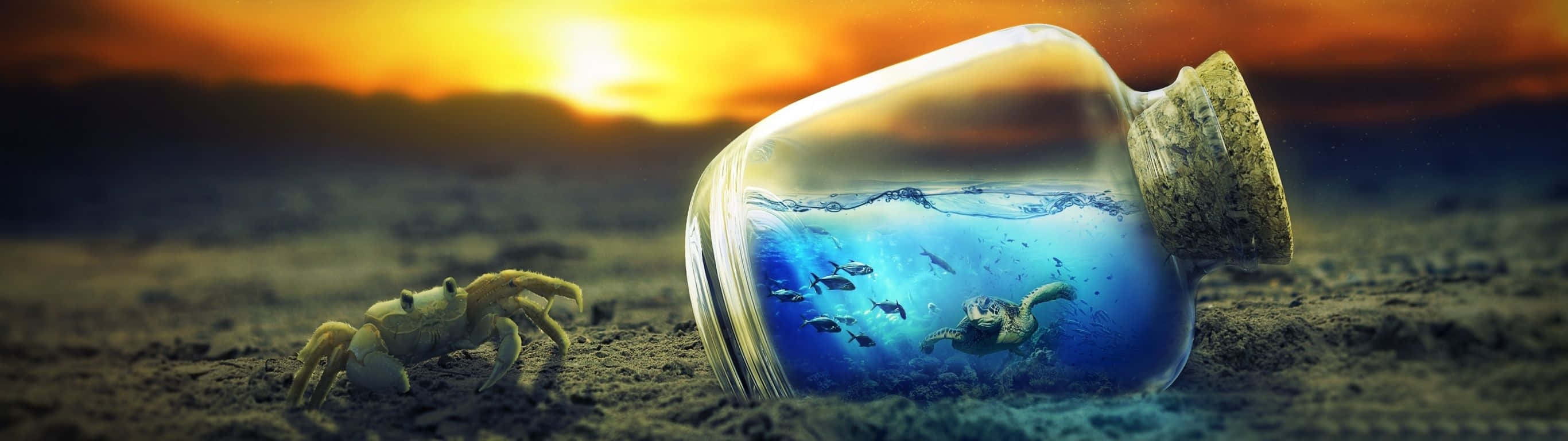 2732 X 768 Ocean In Bottle Sunset Wallpaper