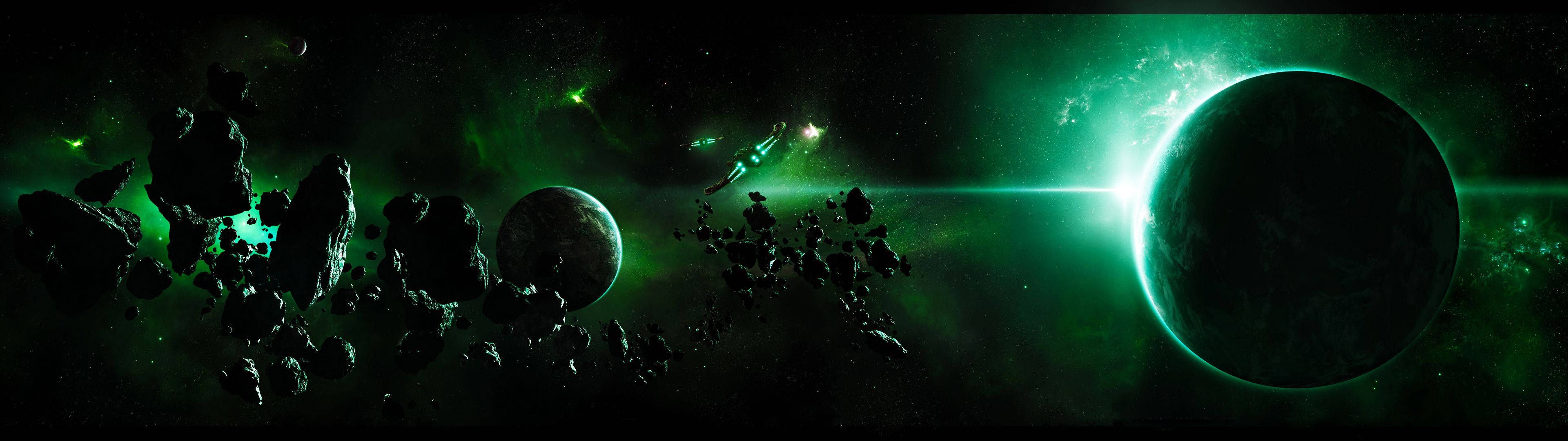 3 Monitor Green Planets Wallpaper