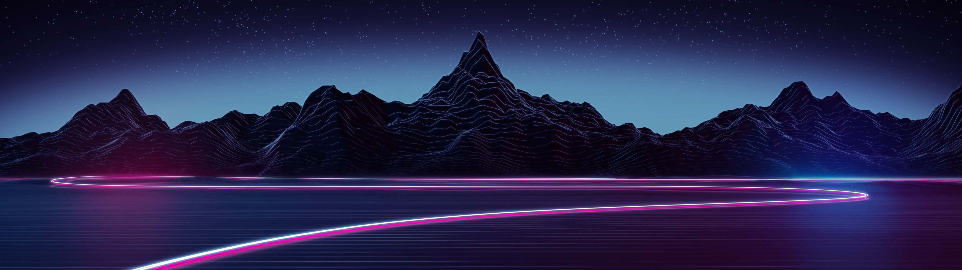 3840 X 1080 Gaming Cyberpunk Neon Mountain Wallpaper