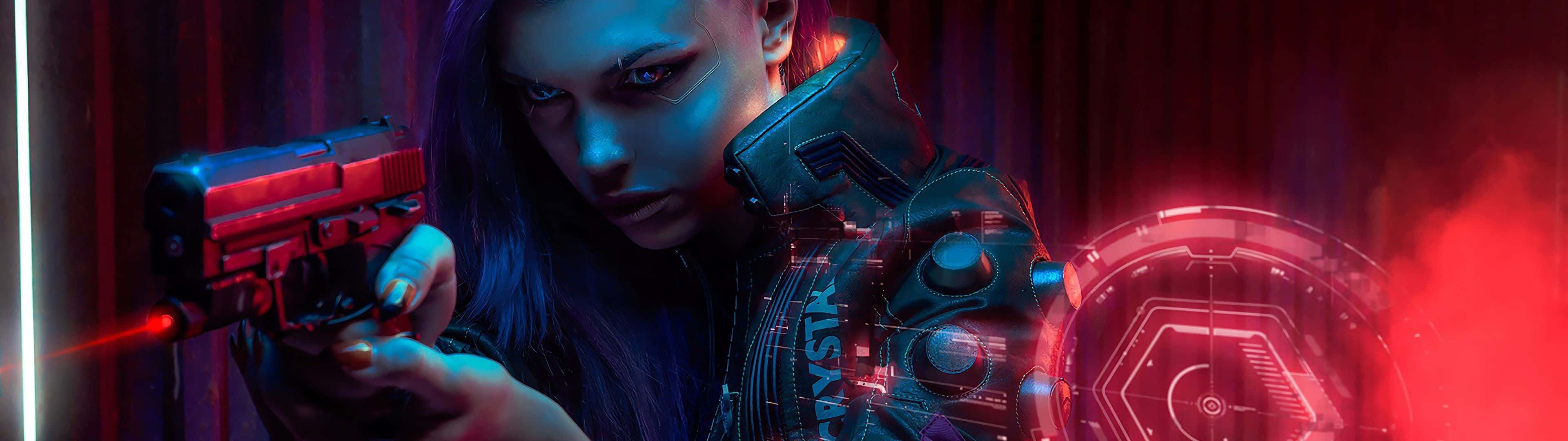 3840 X 1080 Gaming Cyberpunk Scene Wallpaper