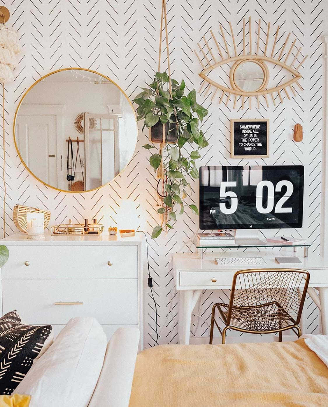 A Bedroom With A White Bed And A Yellow Wall Wallpaper