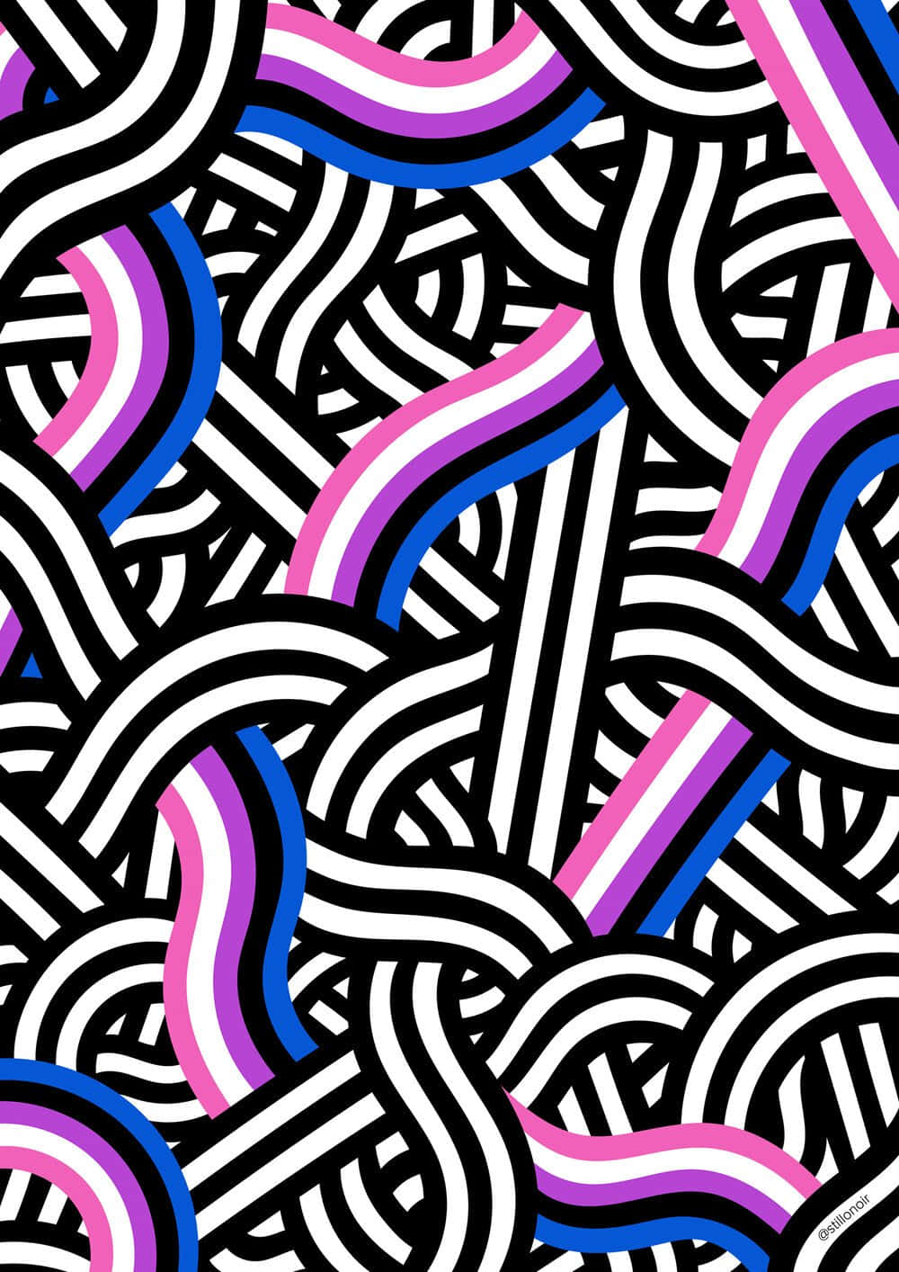 A Black And White Pattern With Pink And Blue Lines Wallpaper