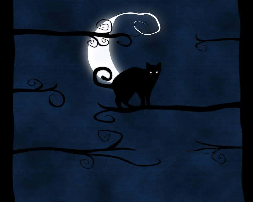 A Black Cat Sitting On A Branch With A Moon In The Background Wallpaper