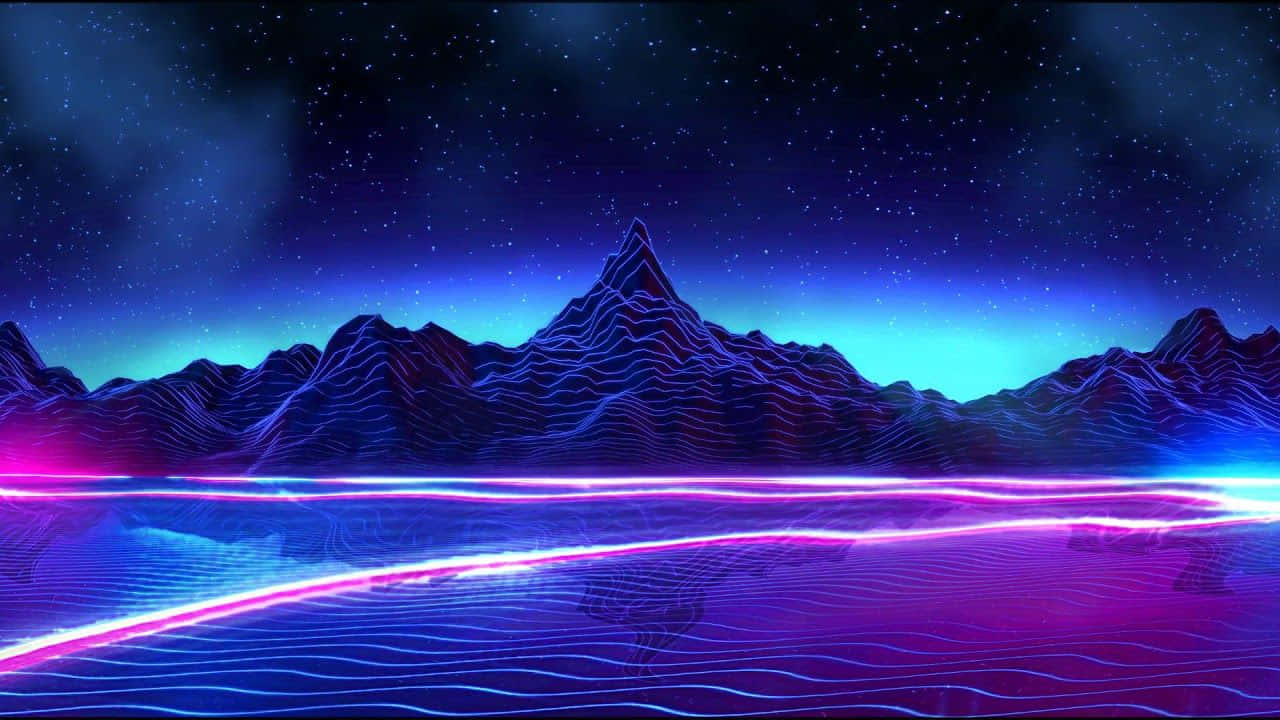 A Blue And Purple Landscape With Mountains And Lights Wallpaper