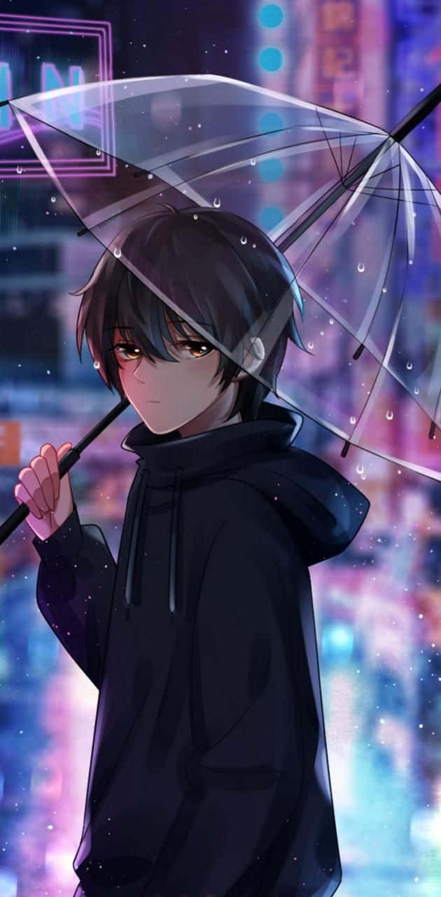 A Boy Holding An Umbrella In The Rain Wallpaper