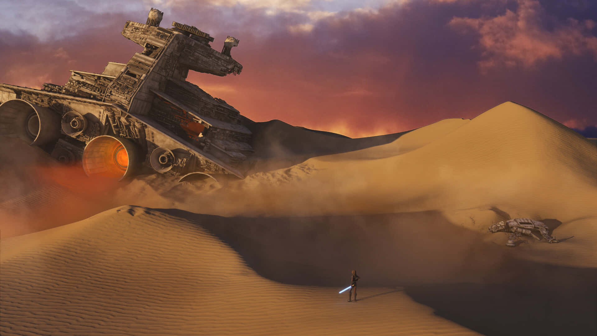 A Breathtaking View Of Jakku's Deserted Landscape At Sunset. Wallpaper