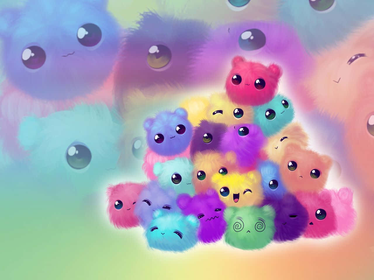 A Bunch Of Colorful Stuffed Animals Stacked On Top Of Each Other Wallpaper