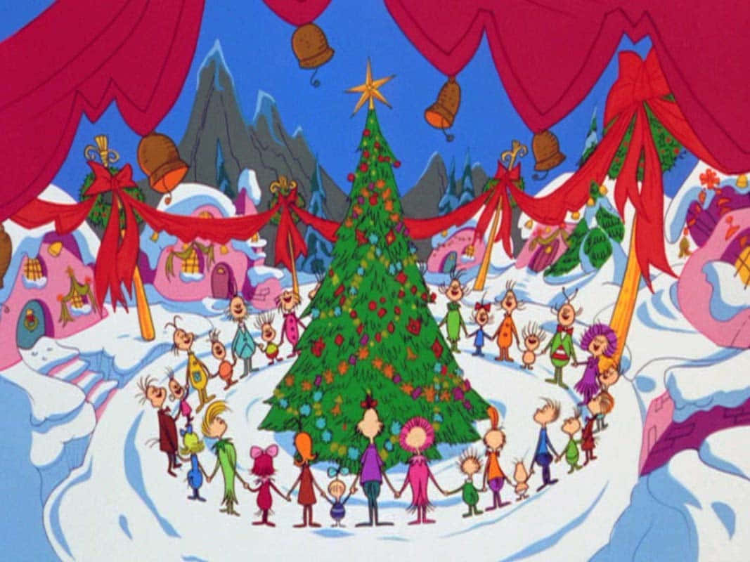 A Cartoon Christmas Tree With People Around It Wallpaper