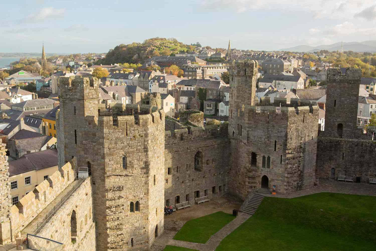 A Castle With A Green Lawn And A City Wallpaper