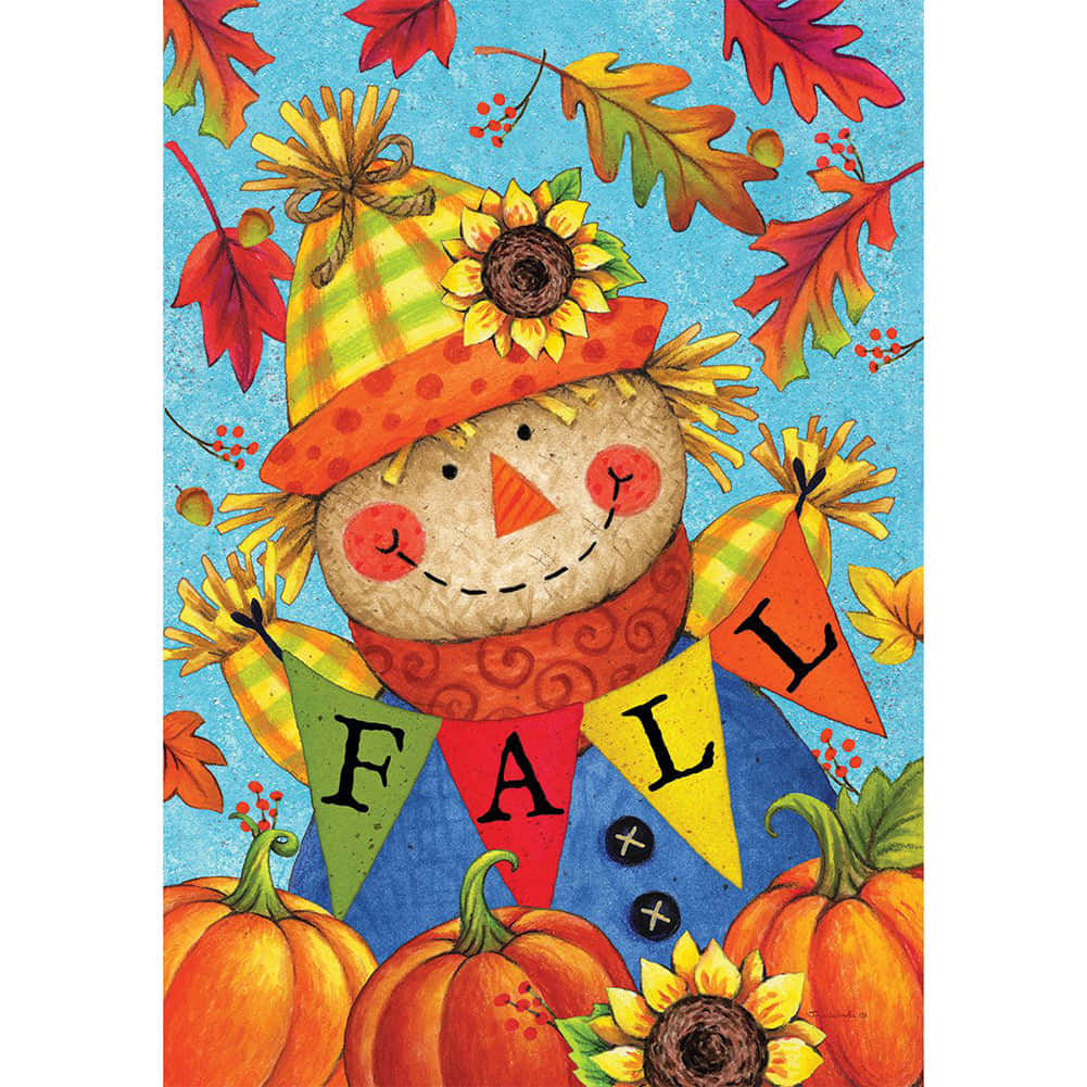 A Charming Scarecrow Guarding The Colorful Autumn Harvest Wallpaper