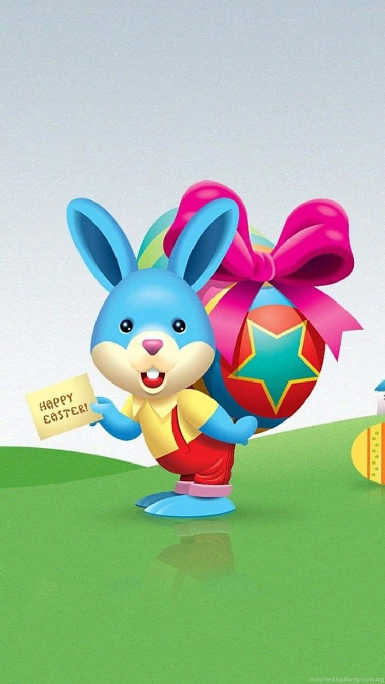 A Cheerful Easter Bunny Hopping Around A Decorated Easter Tree. Wallpaper