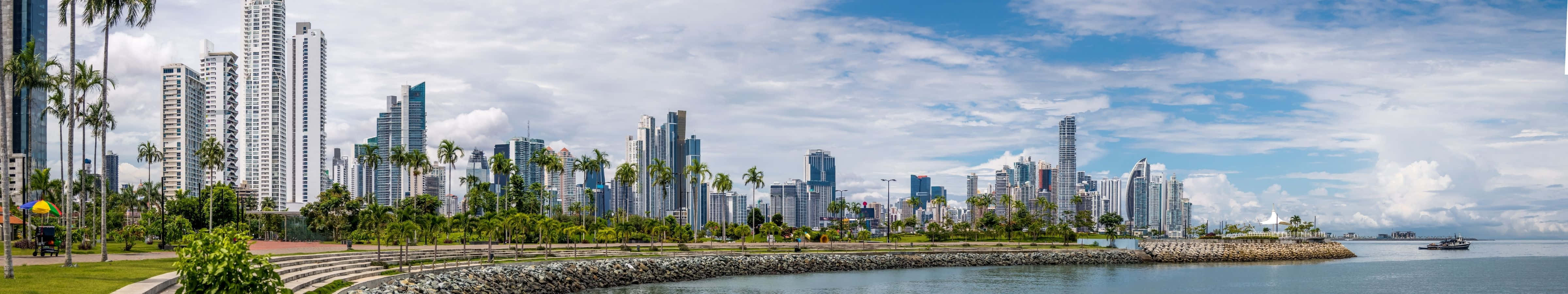 A City With Tall Buildings And Trees Near The Water Wallpaper