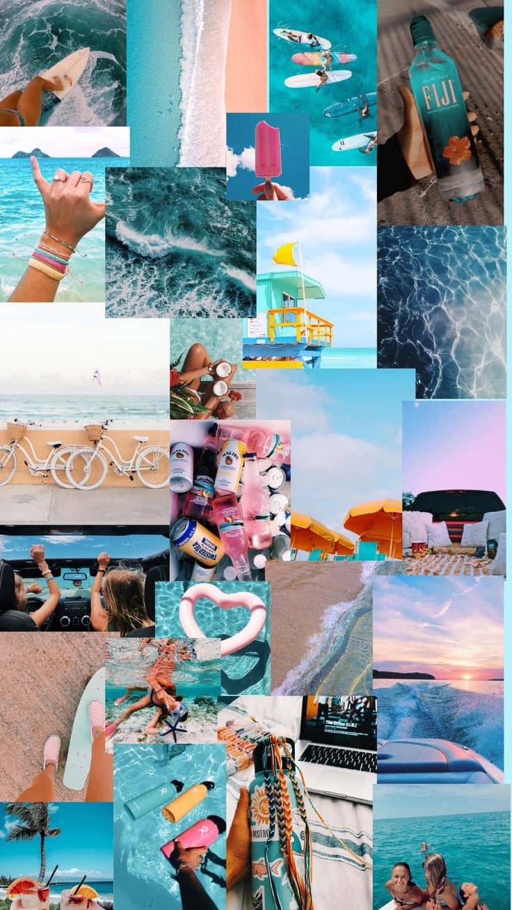 A Collage Of Photos Of People On The Beach Wallpaper