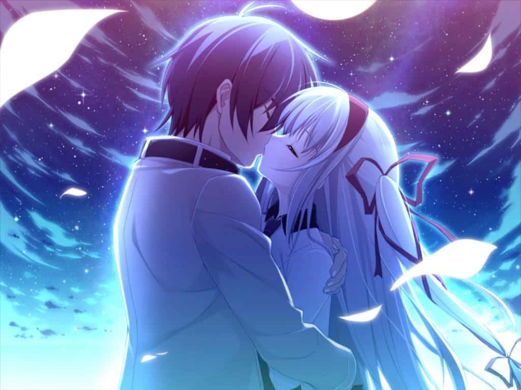 A Couple Kissing In Front Of A Starry Sky Wallpaper