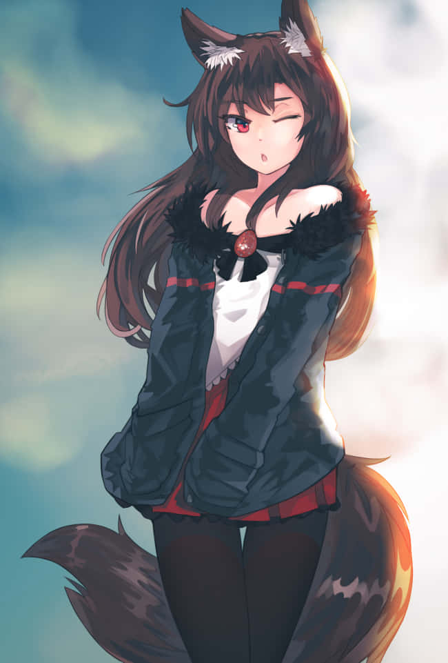 A Cute Anime Wolf Girl Enjoys A Snowy Day Wallpaper