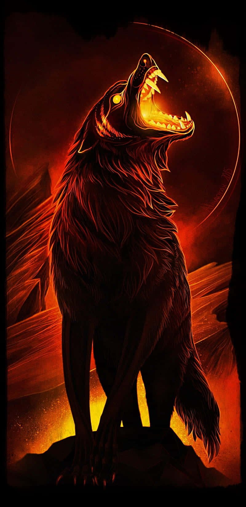 A Fiery Wolf Emerging From A Cascade Of Cool Water Wallpaper