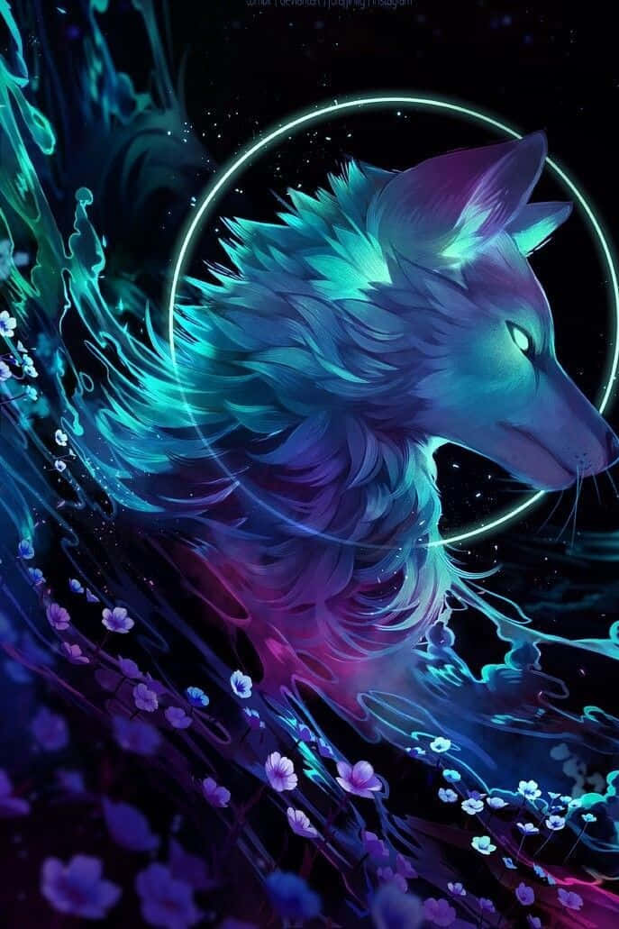 A Fiery Wolf Stares Into The Raging Waters Wallpaper