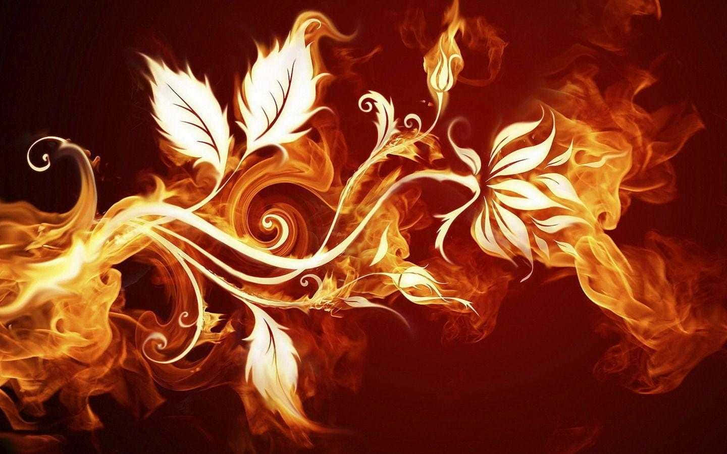 A Fire Background With White Flowers And Leaves Wallpaper