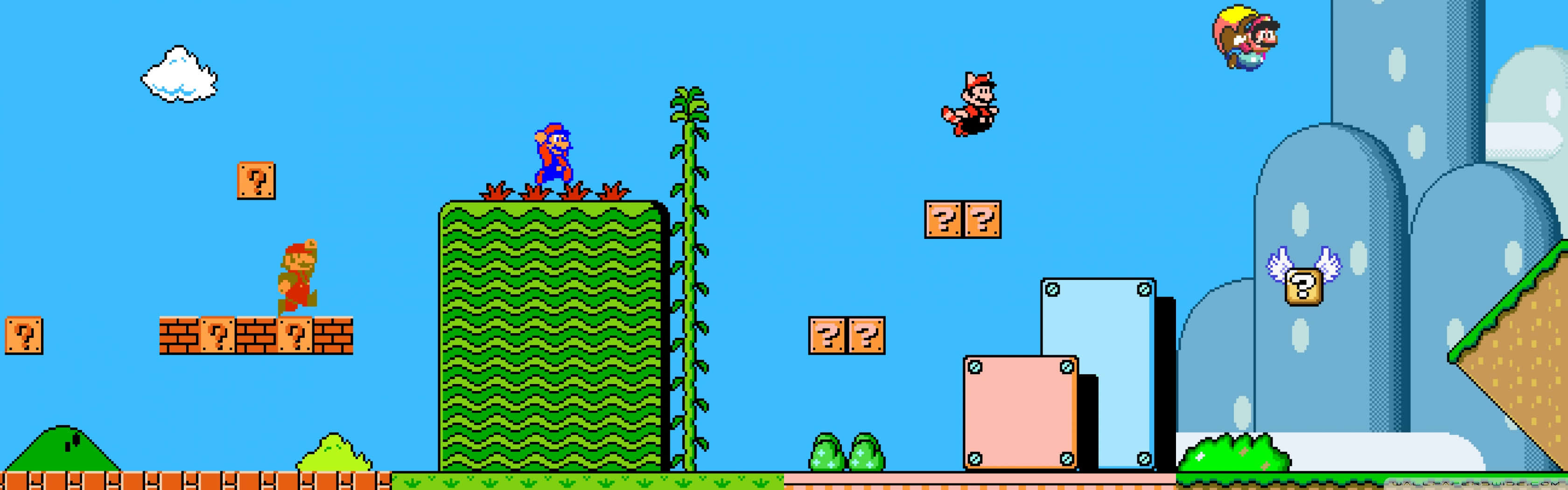 A Game With A Mario Bros Character Flying Over A City Wallpaper