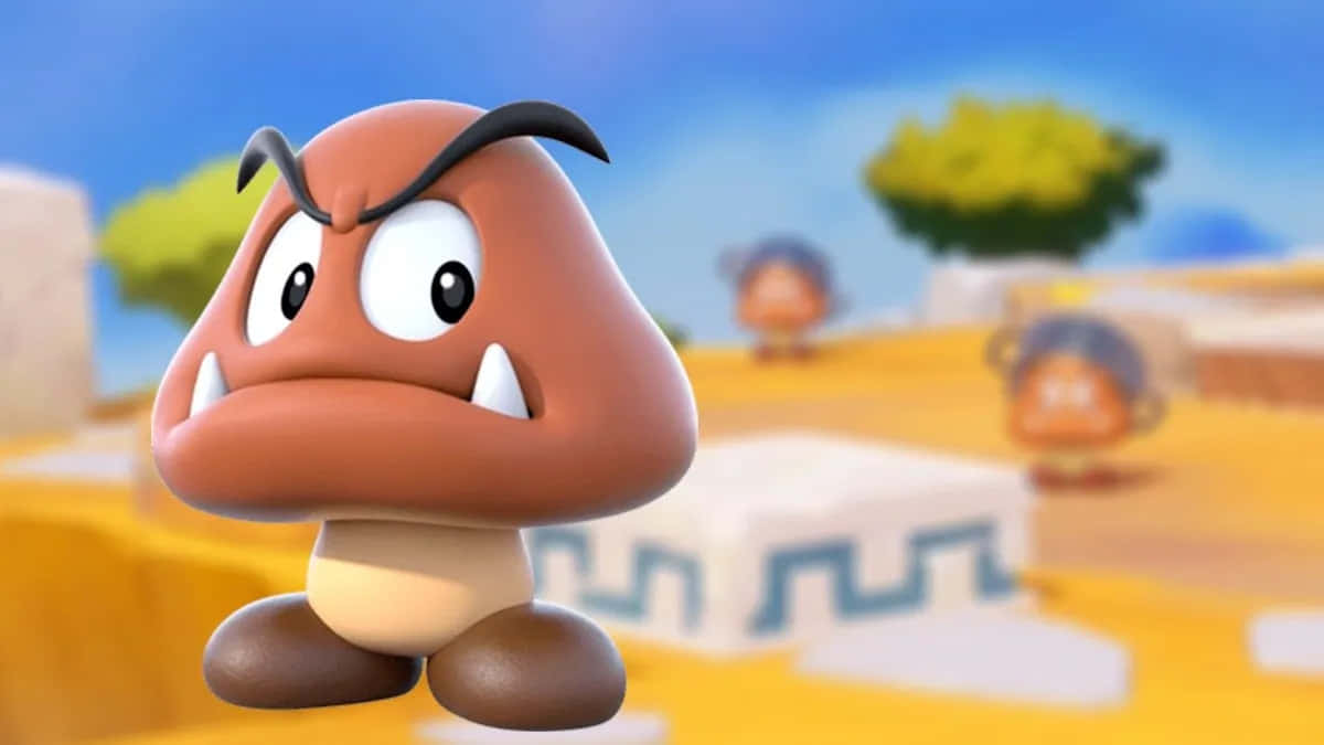 A Goomba Character Jumping On A Vibrant Colorful Background Wallpaper