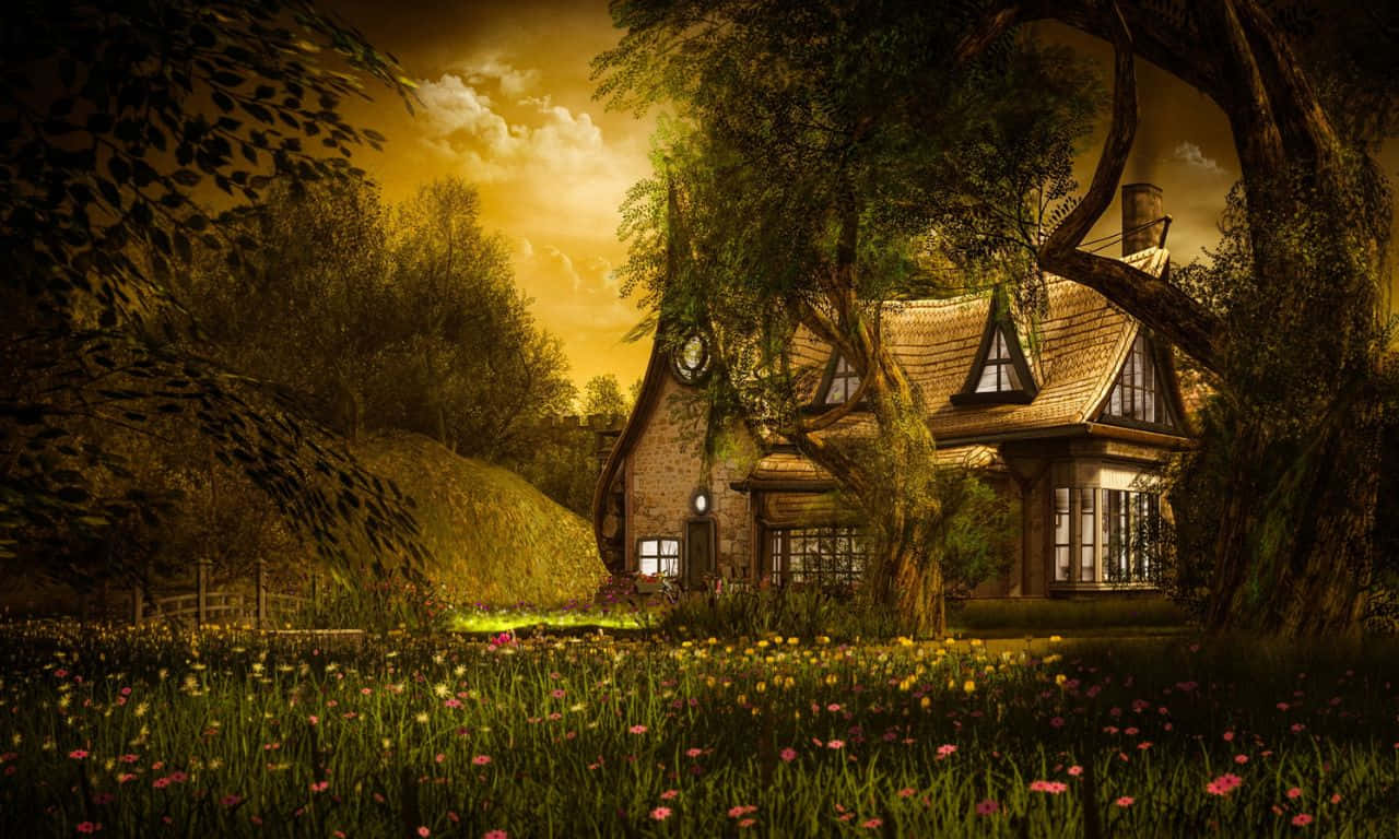 A House In The Forest With Flowers Wallpaper