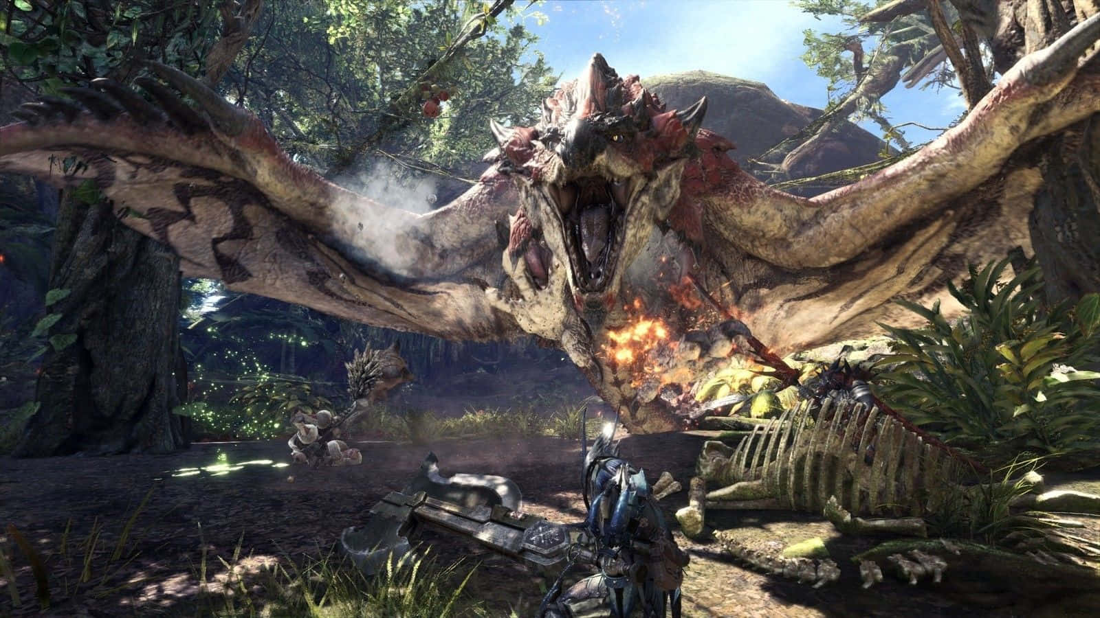 A Hunter Prowls The Prehistoric Landscape Of Monster Hunter Wallpaper