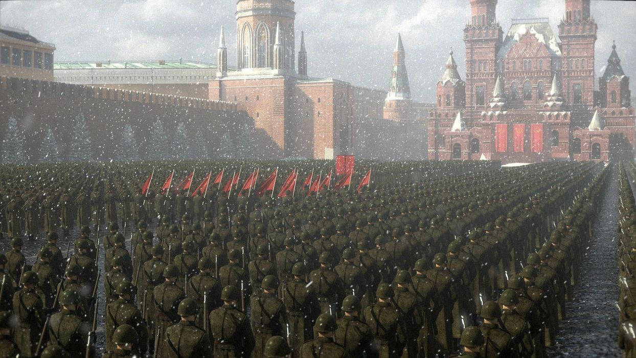 A Large Group Of Soldiers Are Standing In Front Of A Building Wallpaper