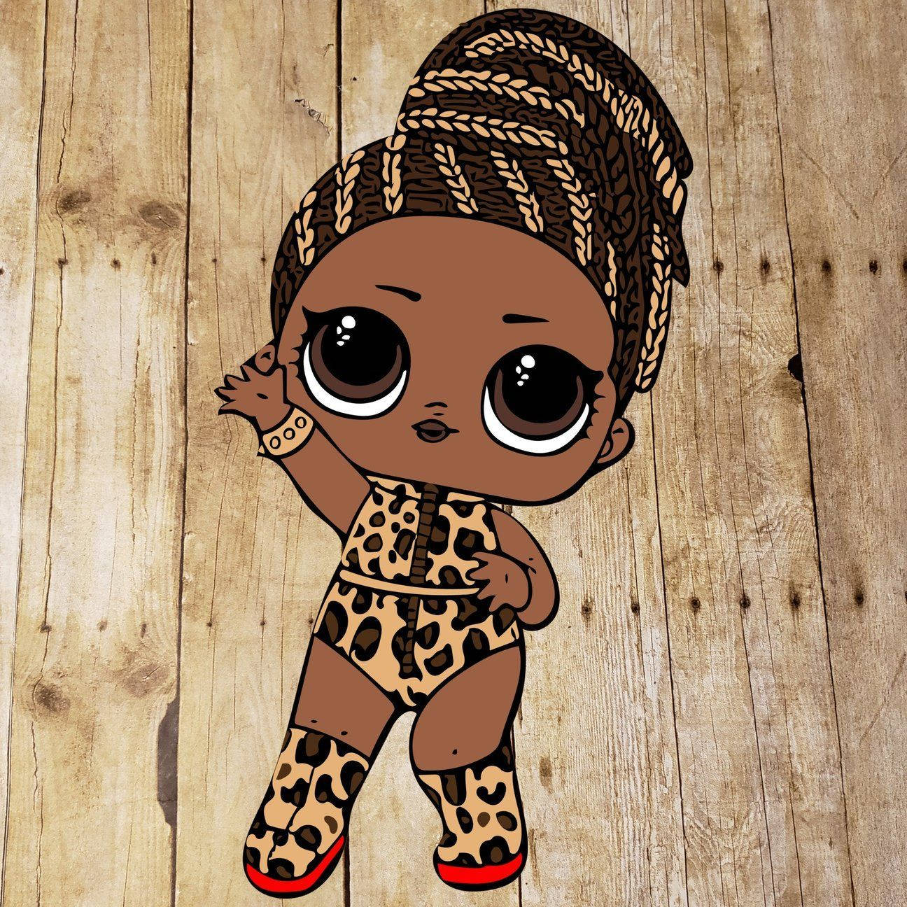 A Little Girl In Leopard Print Is Standing On A Wooden Floor Wallpaper