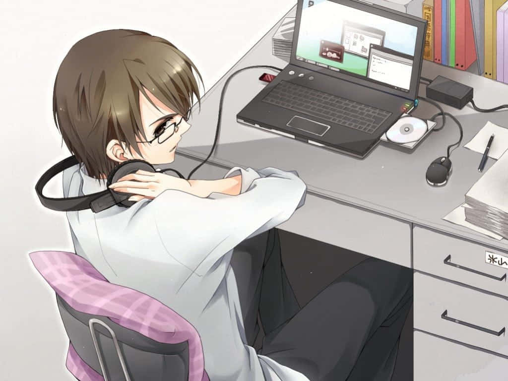 A Lonely Anime Boy, Mesmerized By The World Of Computers Wallpaper