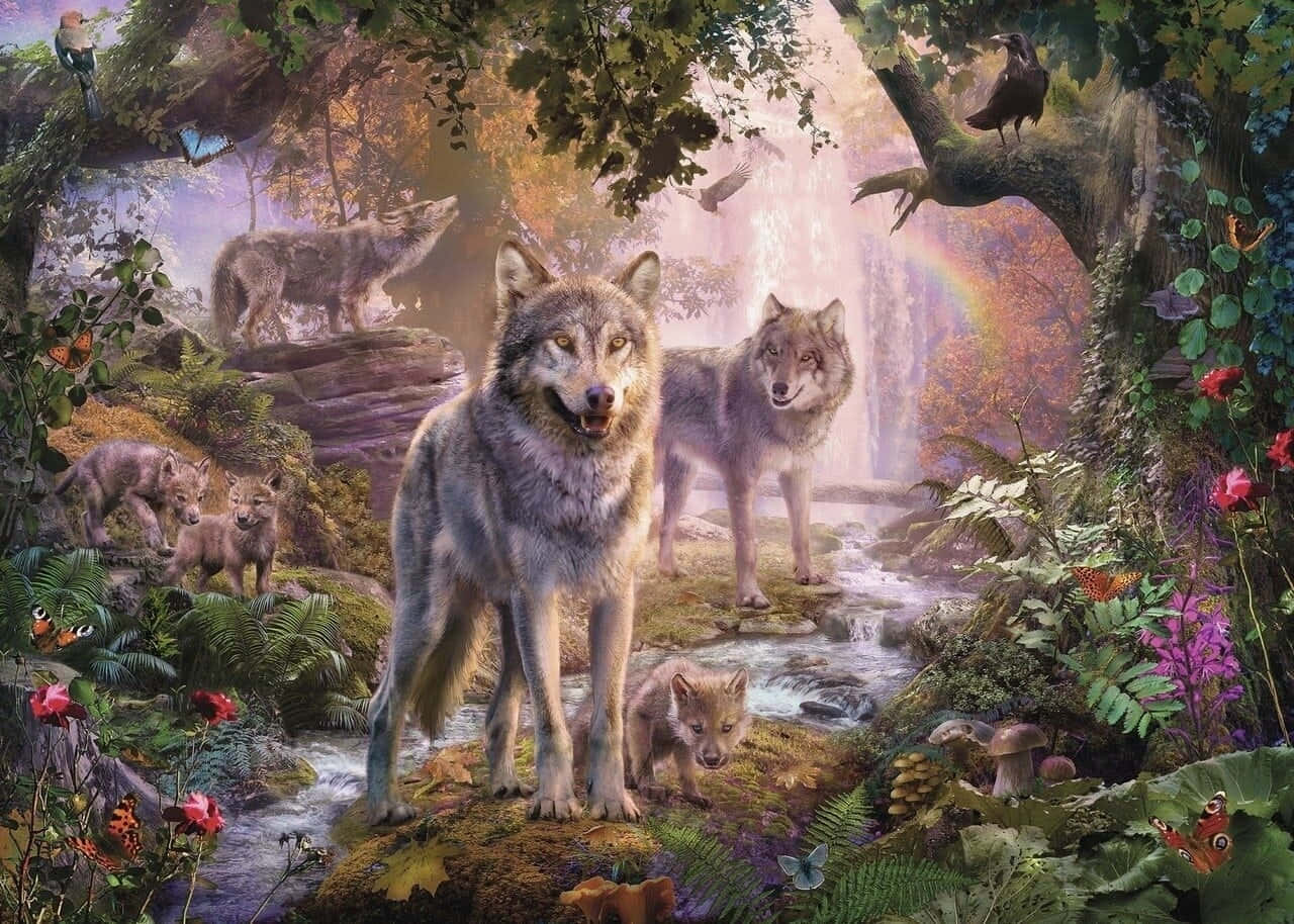 A Majestic Wolf In A Lush Summer Landscape Wallpaper