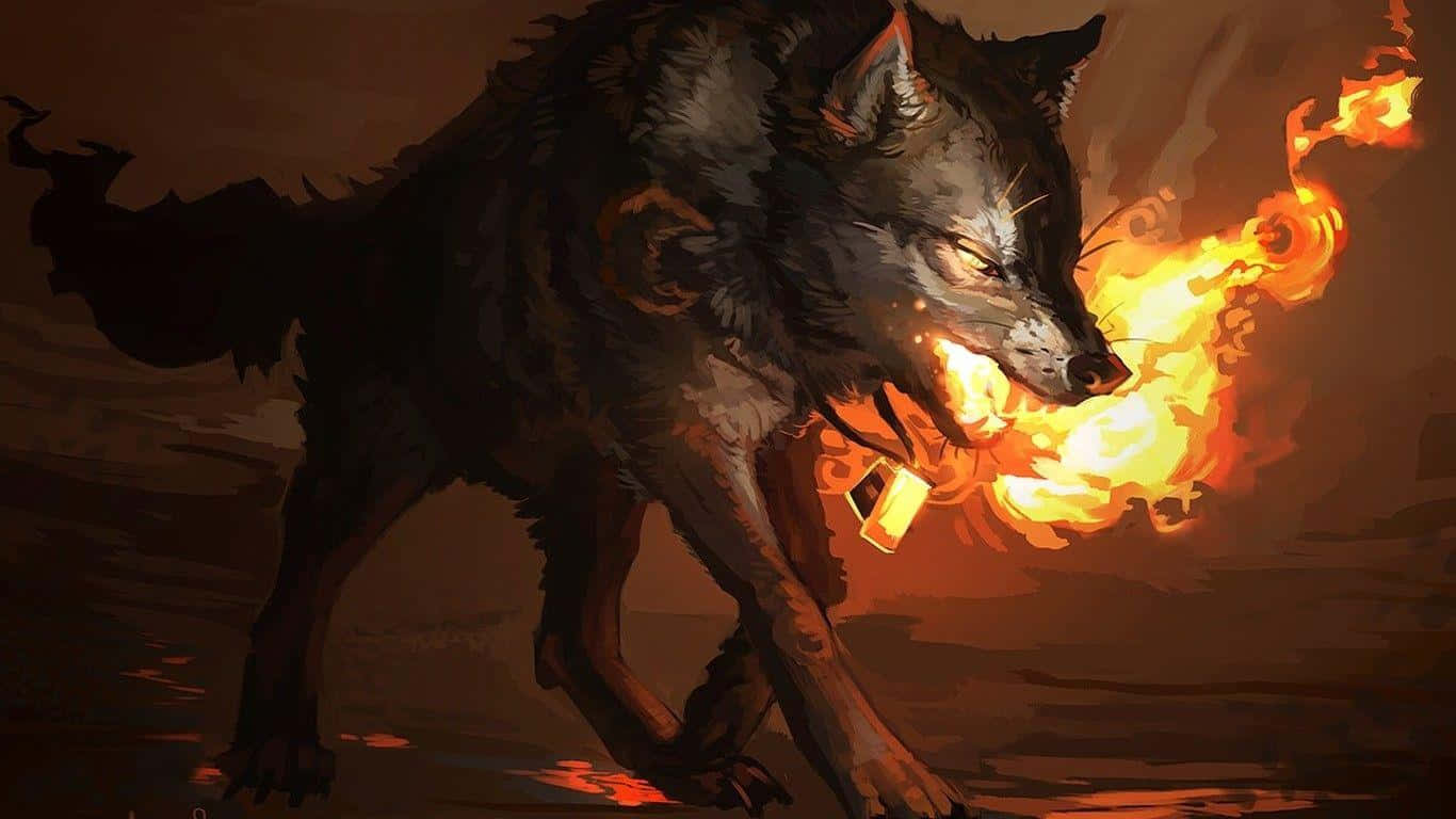 A Majestic Wolf Stands Between The Powers Of Water And Fire Wallpaper