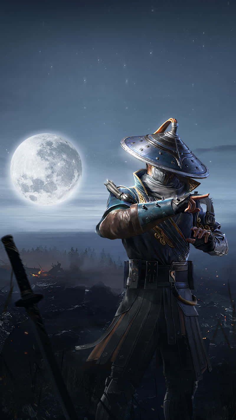 A Man In A Samurai Costume Standing In Front Of A Moon Wallpaper