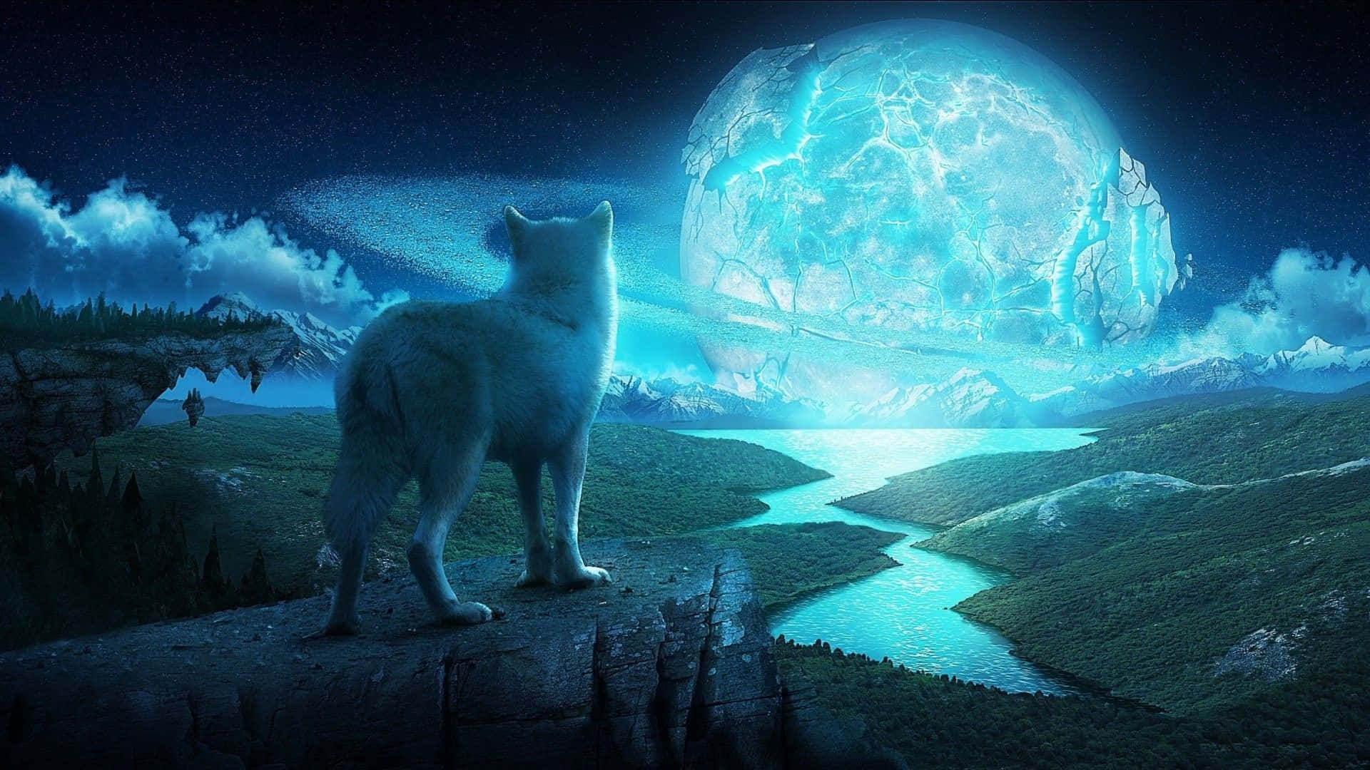 A Mesmerizing Vision Of A Water And Fire Wolf In The Night Sky Wallpaper