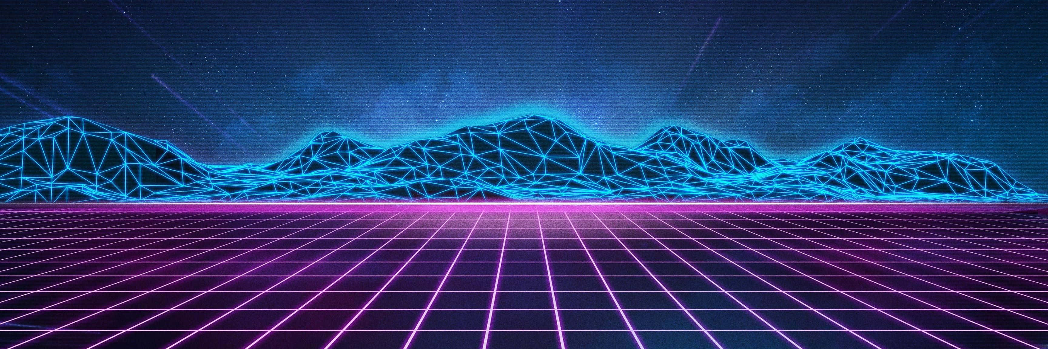 A Neon Background With Mountains And A Grid Wallpaper