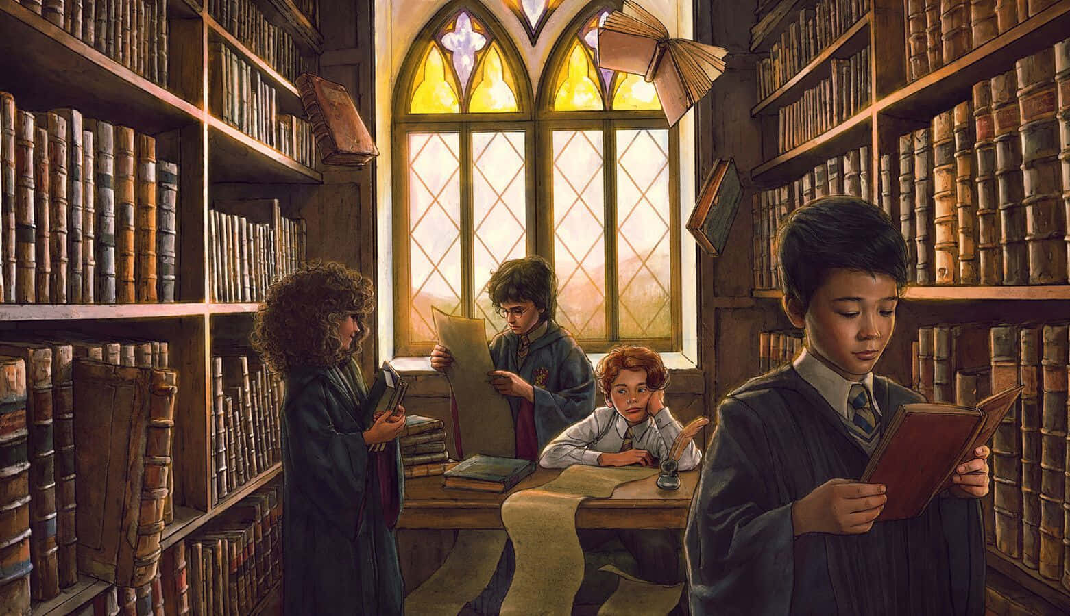 A Night Study At The Hogwarts Library Wallpaper