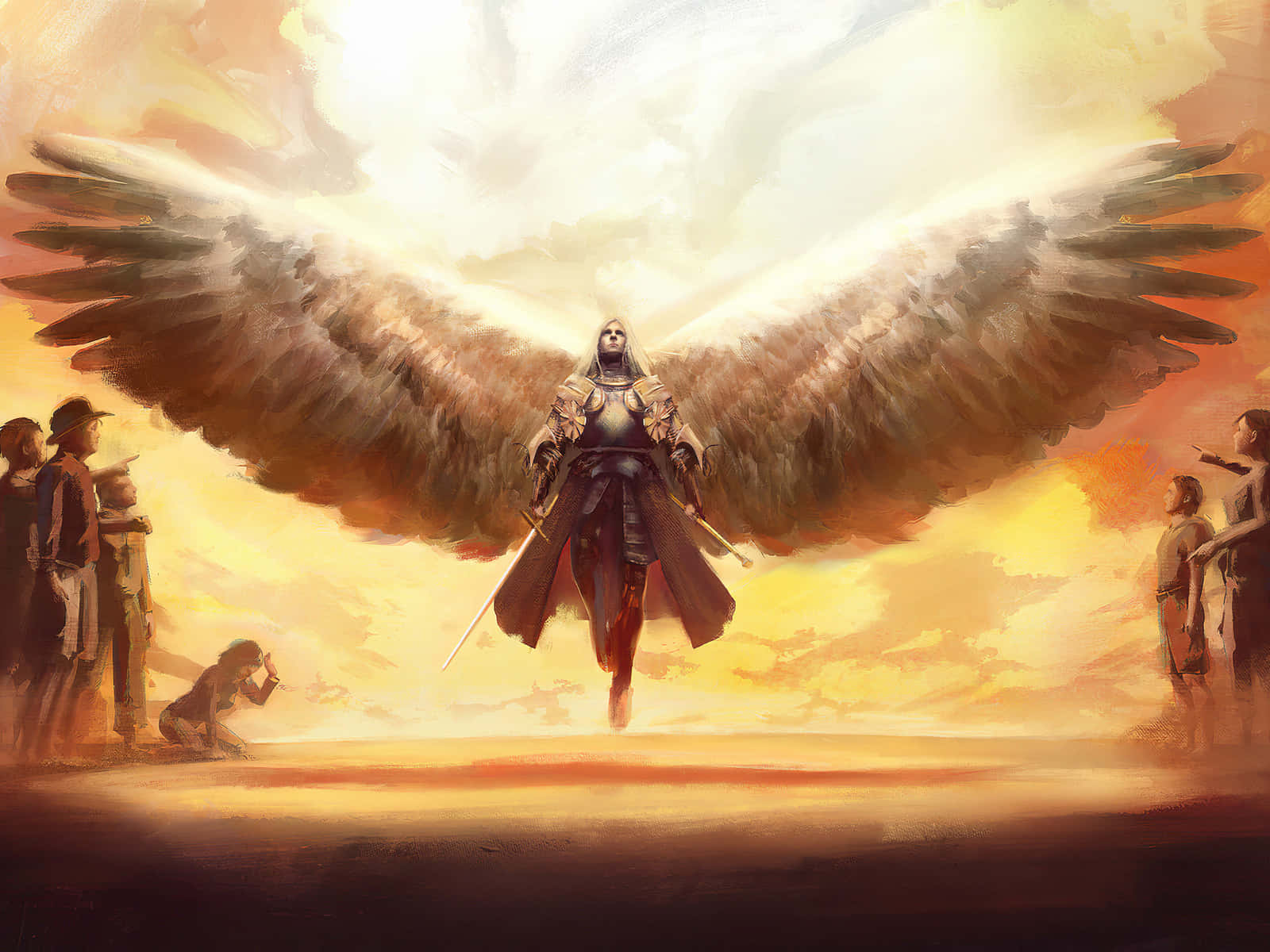 A Painting Of An Angel With Wings In The Sky Wallpaper