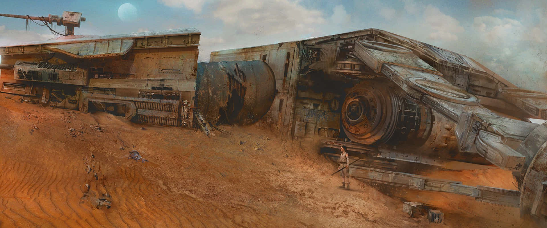 A Panoramic View Of Jakku's Desert And Abandoned Structures Wallpaper