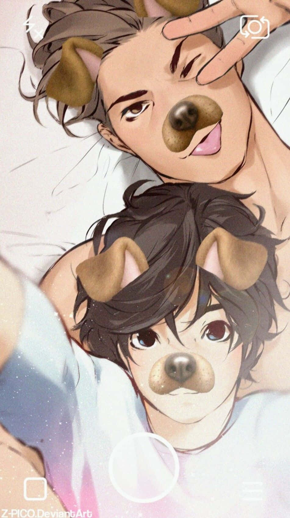 A Picture Of Two People Laying On A Bed With Their Dogs Wallpaper