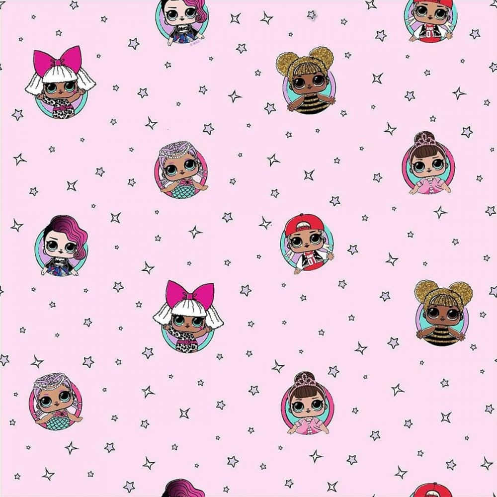 A Pink Fabric With A Lot Of Little Dolls On It Wallpaper