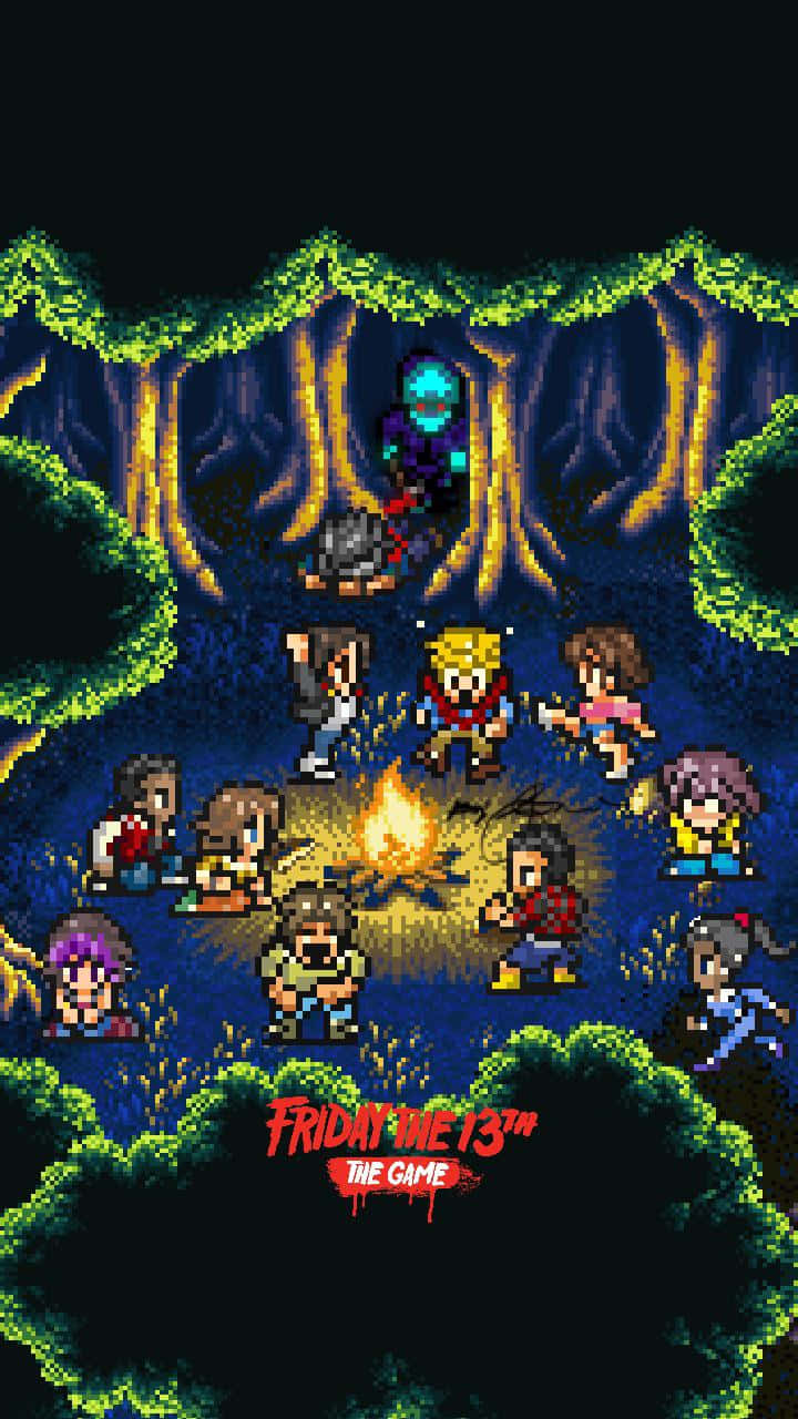 A Pixel Art Image Of A Group Of People In A Forest Wallpaper