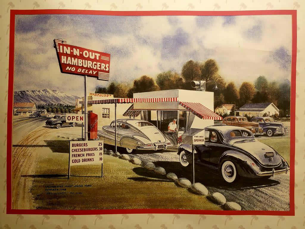 A Poster Of A Diner With Cars Parked Outside Wallpaper