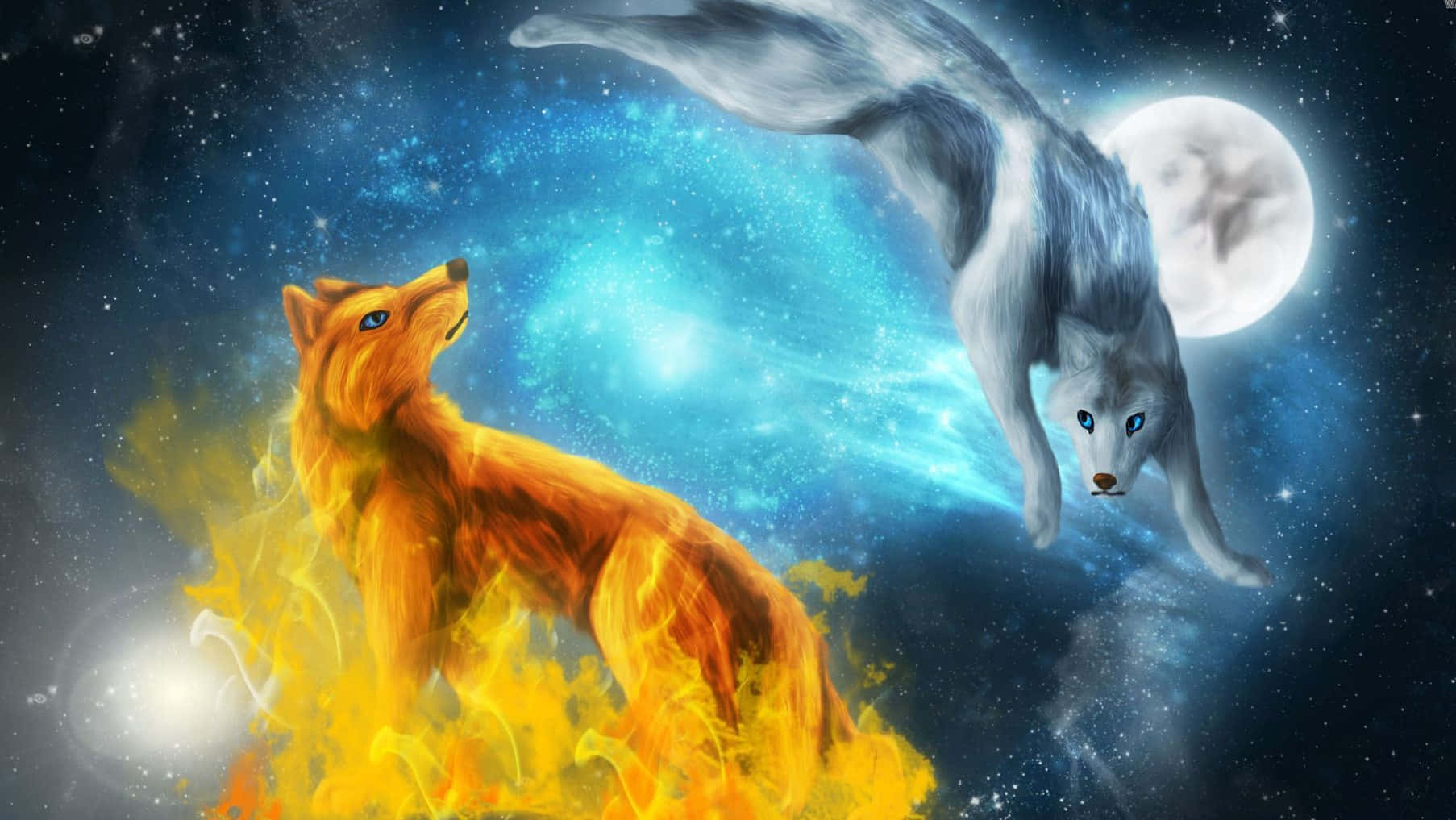 A Powerful Wolf Blending Elements Of Water And Fire Wallpaper