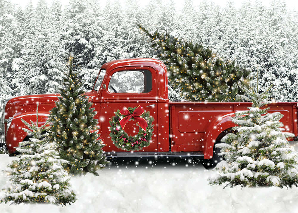 A Red Vintage Pickup Truck Decorated For The Christmas Season Wallpaper