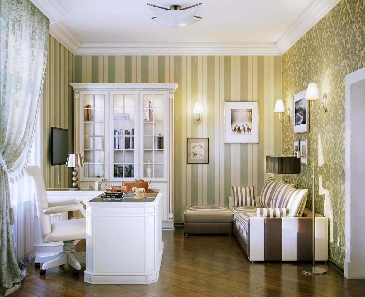 A Room With A Desk, Chair And Striped Wallpaper Wallpaper