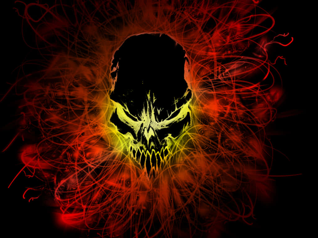 A Skull With Flames And Swirls On A Black Background Wallpaper