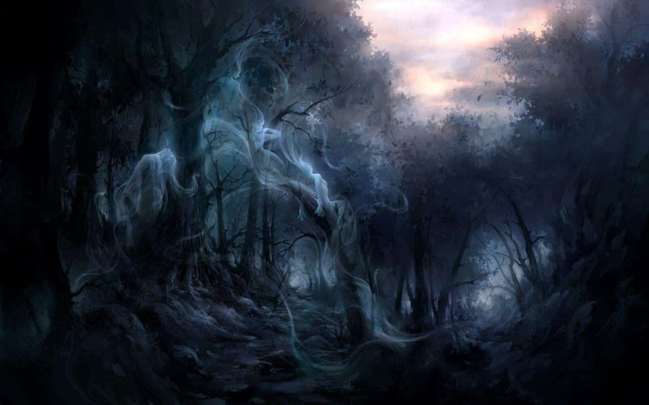 A Spine-tingling Glimpse Into A Haunted Forest Wallpaper