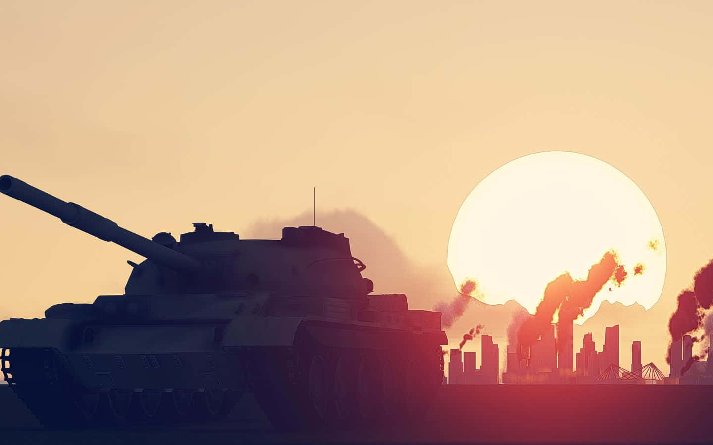 A Tank Is In The Middle Of A City At Sunset Wallpaper