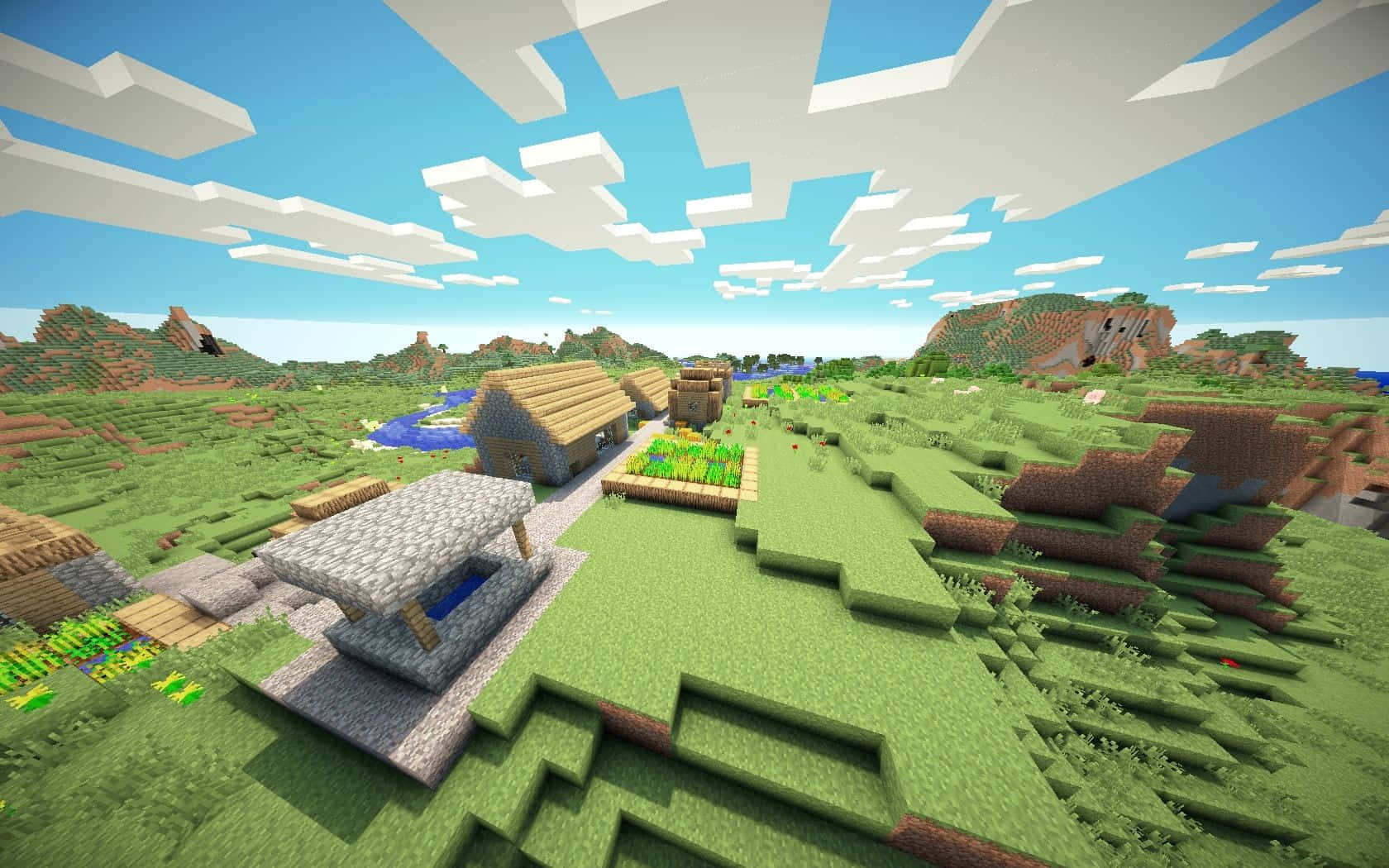 A Thriving Minecraft Village In The Sunset Wallpaper